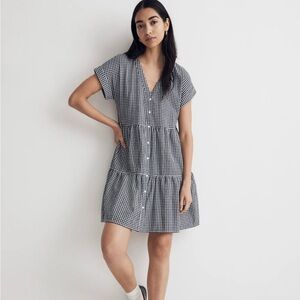 Madewell Cuff-Sleeve Button-Front Tiered Mini Dress in Gingham Check